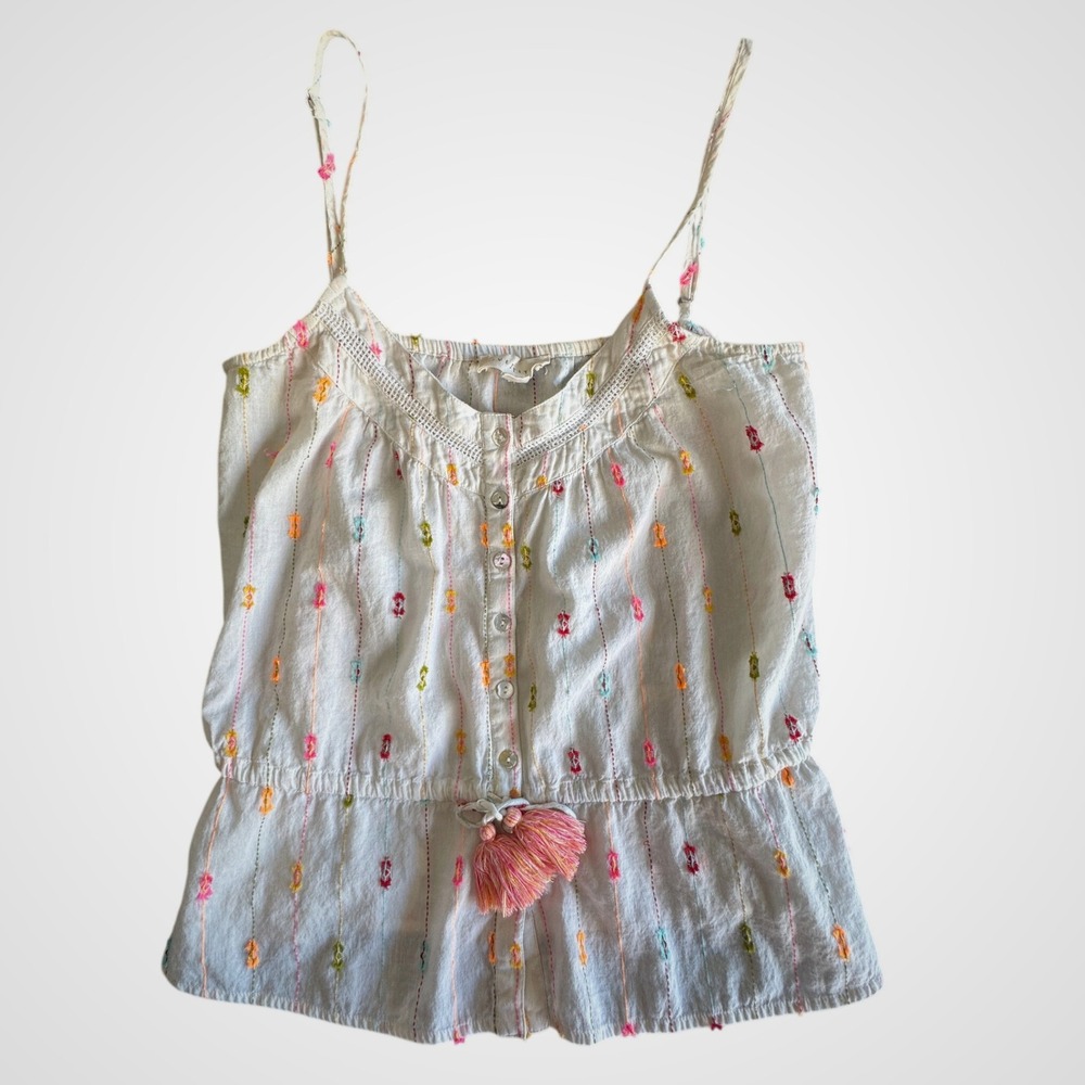 Love Stitch White Embroidered Cotton Tassel Peplum Cami Top I-12351W-QAW Small